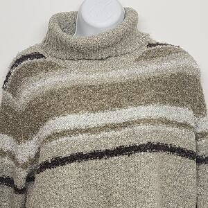 Cato Women Large Striped Turtleneck Sweater Brown Tan White Chunky Knit Pullover
